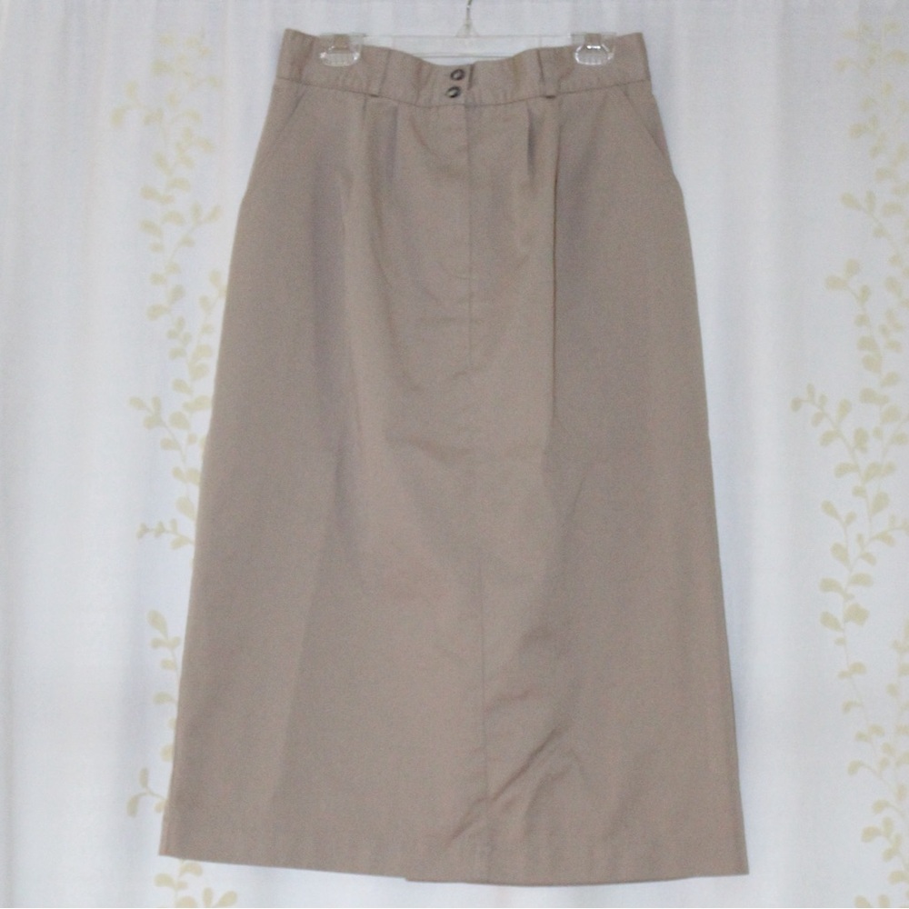 Lands’ End Khaki Pleated High Waisted Long Straight Skirt Button Slit Women’s M